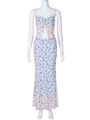 Liber Summer Women's Double-layer Mesh Suspender Midi Dress Floral Set