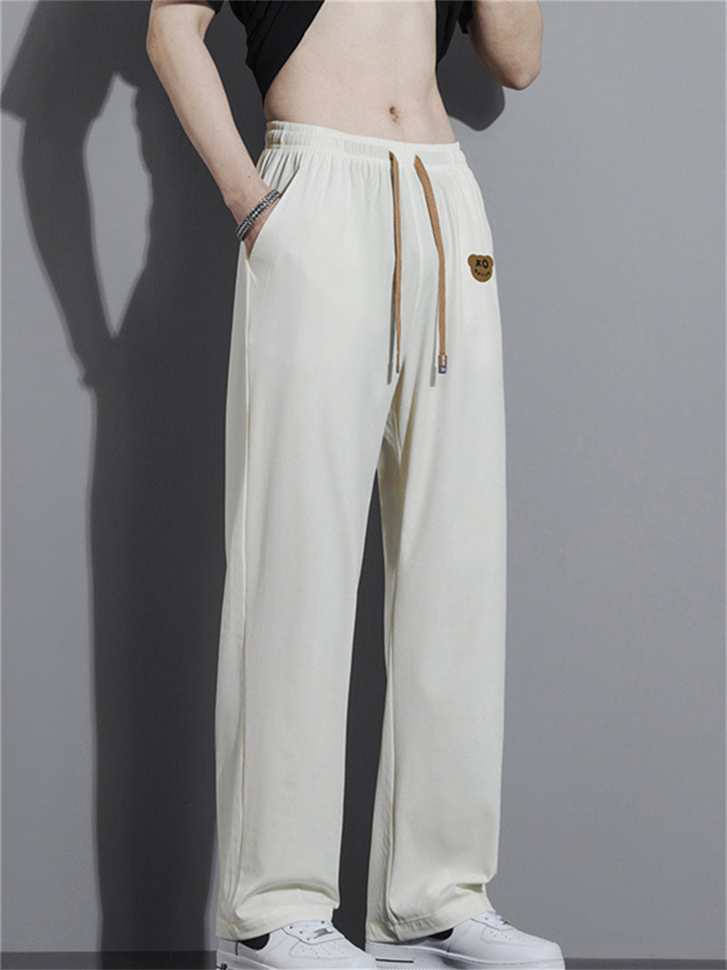 Liber Summer Men's Solid Drawstring Embroidered Trousers