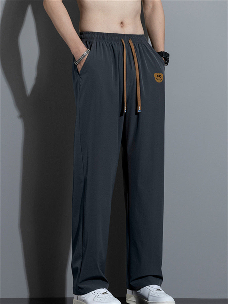 Liber Summer Men's Solid Drawstring Embroidered Trousers