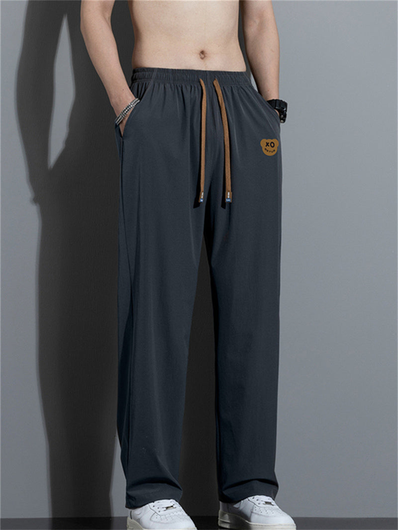 Liber Summer Men's Solid Drawstring Embroidered Trousers