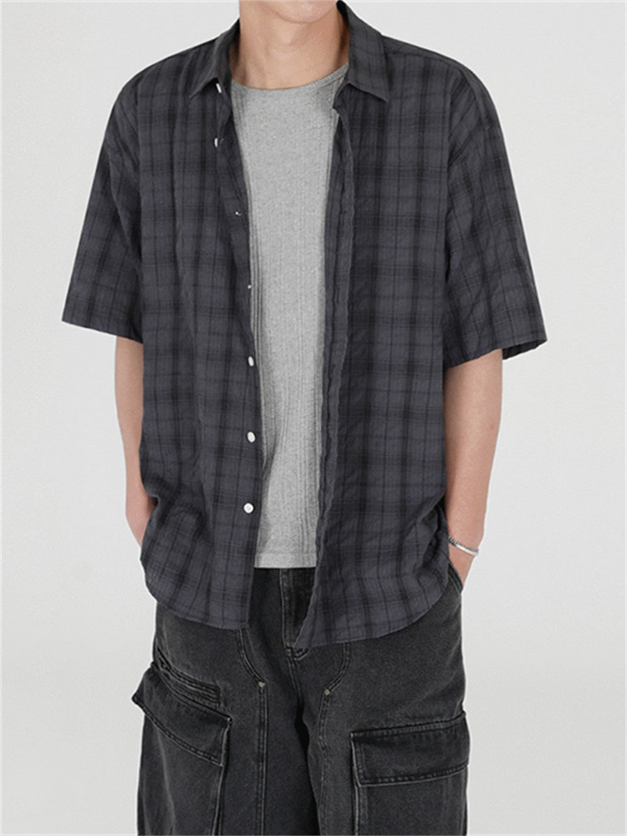 Liber SS Men's Plaid Korean Style Cover Up Shirt