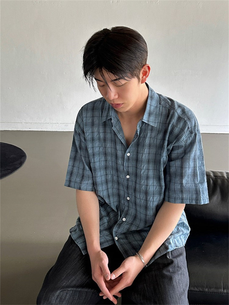 Liber SS Men's Plaid Korean Style Cover Up Shirt
