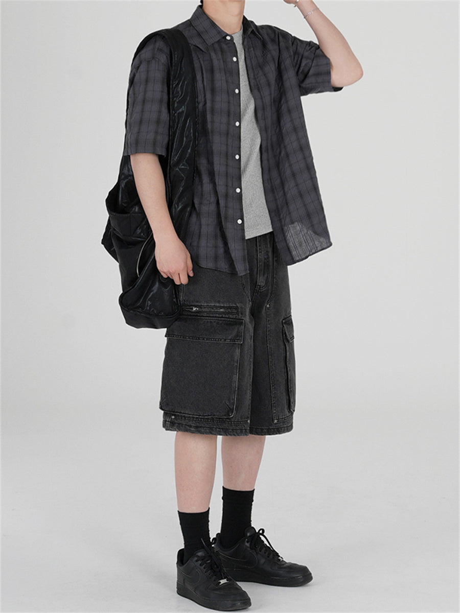 Liber SS Men's Plaid Korean Style Cover Up Shirt