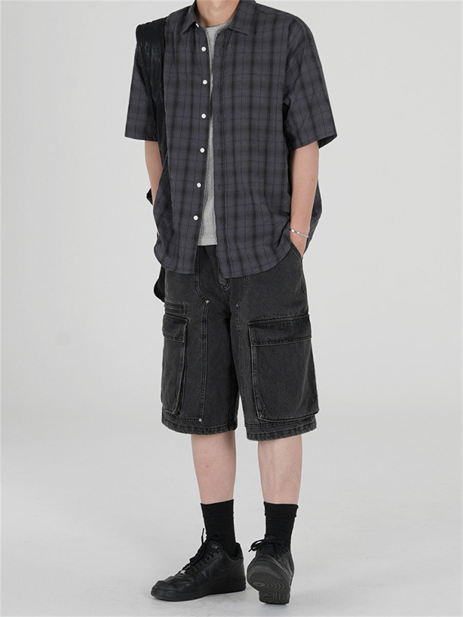 Liber SS Men's Plaid Korean Style Cover Up Shirt
