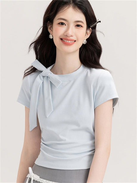 Liber Summer Women's Solid Color Bow T-shirt