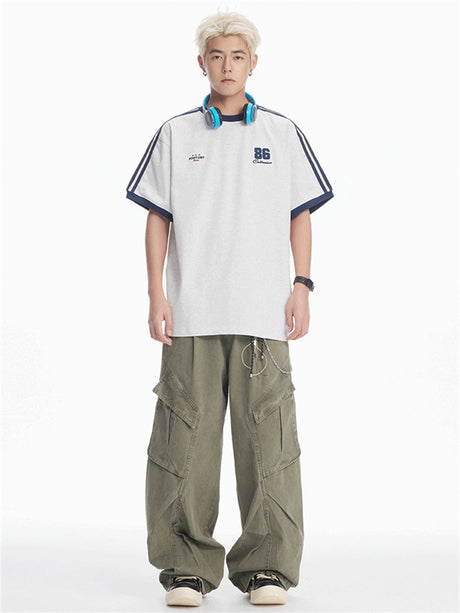Liber SS Men's Printed Vertical Stripe Color Stitching T-shirt