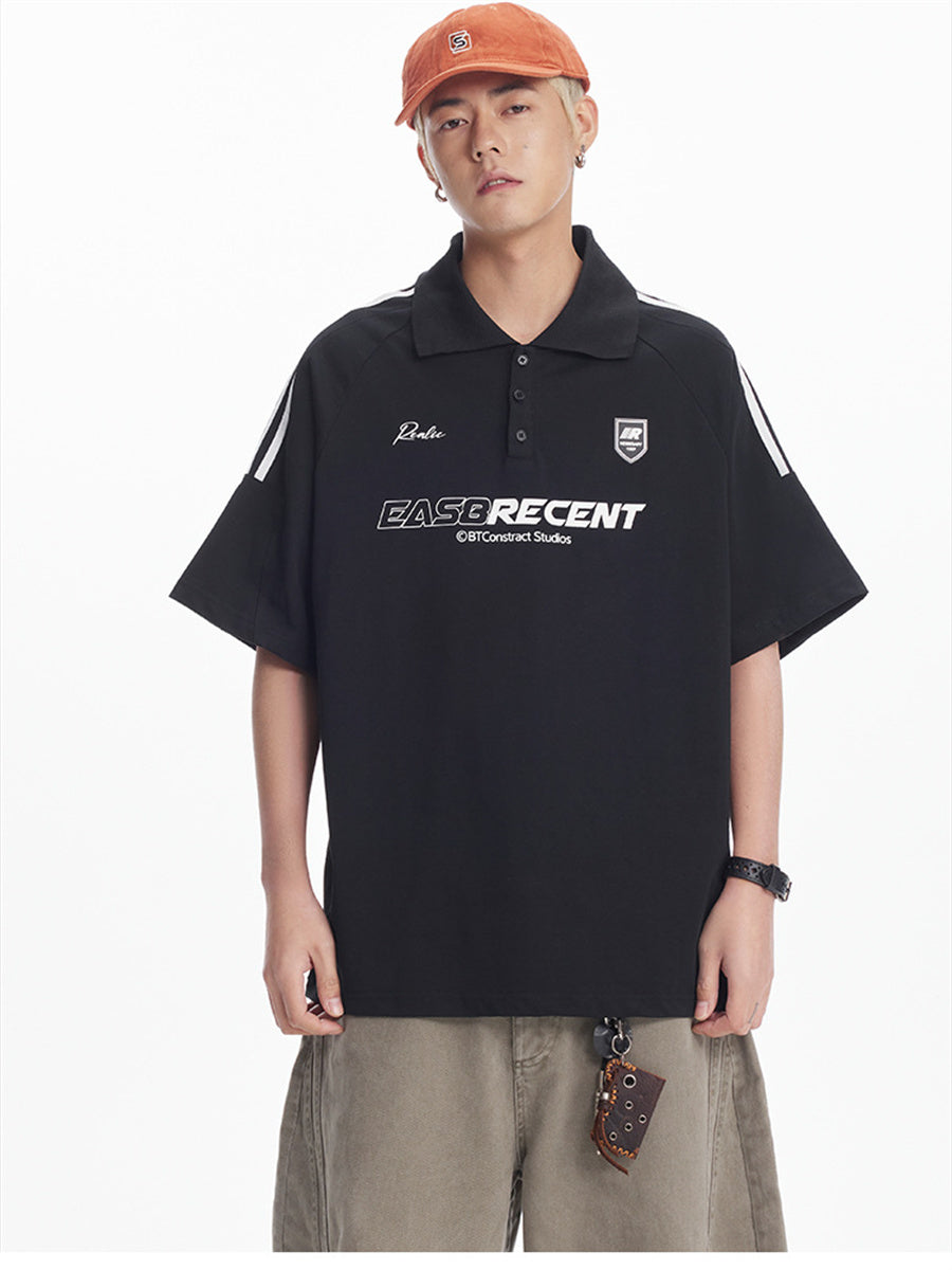 Liber SS Men's Color Stitching American Retro Print Polo Shirt