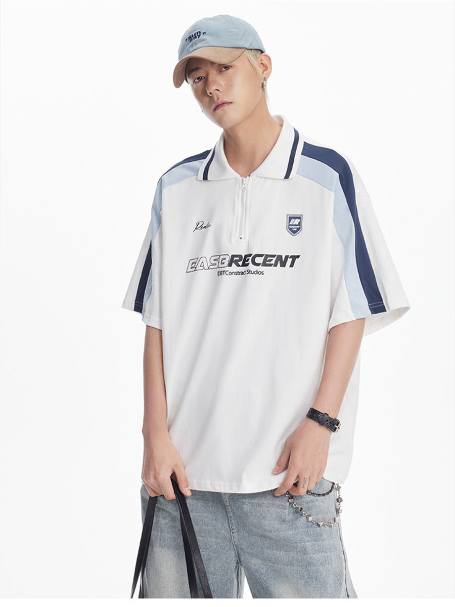Liber SS Men's Color Stitching American Retro Print Polo Shirt