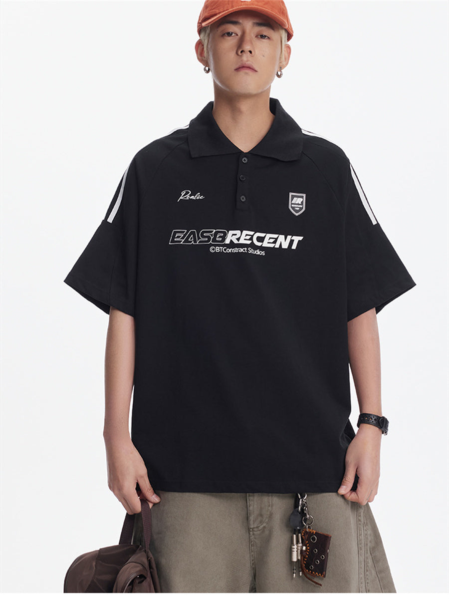 Liber SS Men's Color Stitching American Retro Print Polo Shirt