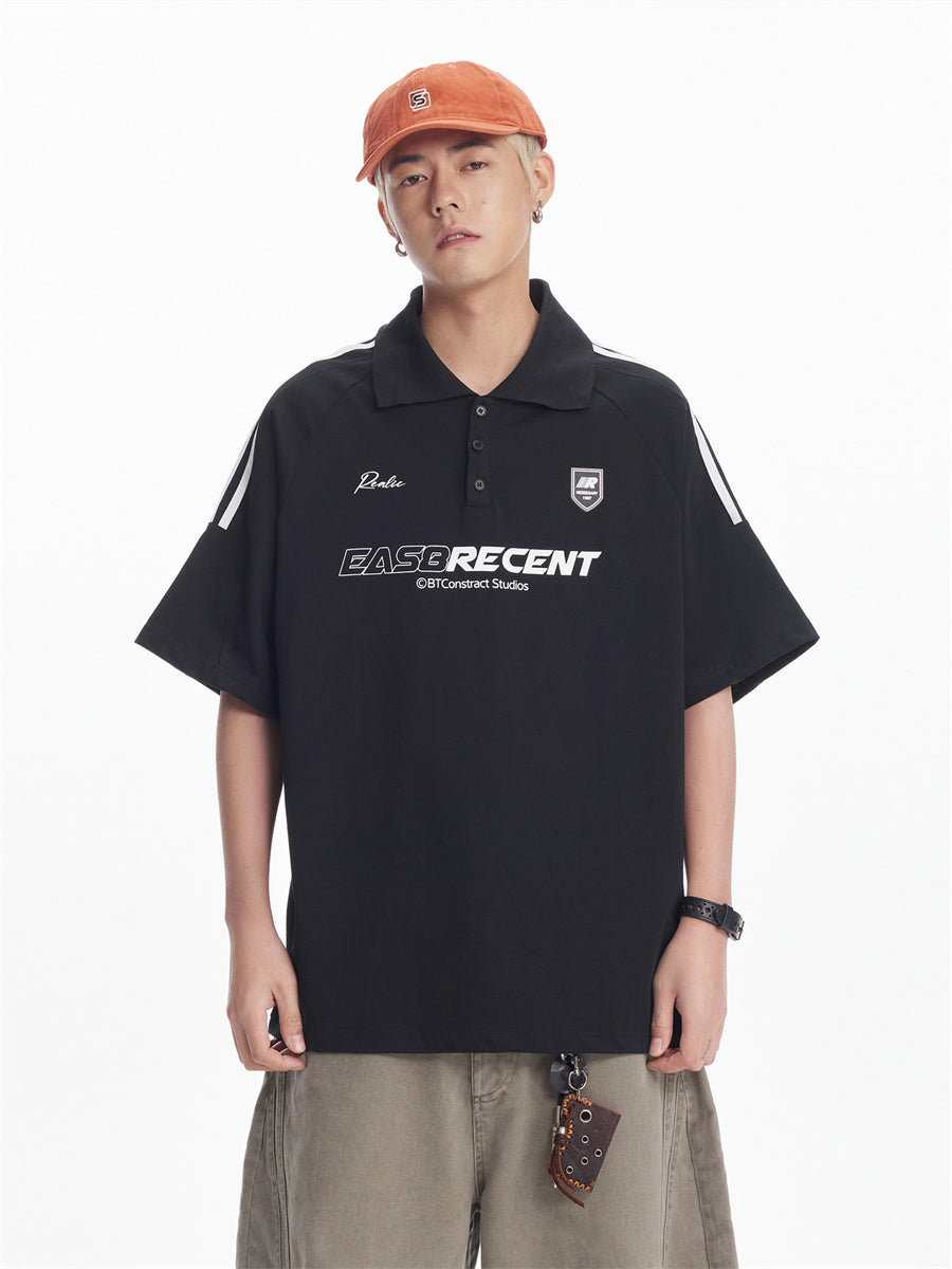Liber SS Men's Color Stitching American Retro Print Polo Shirt