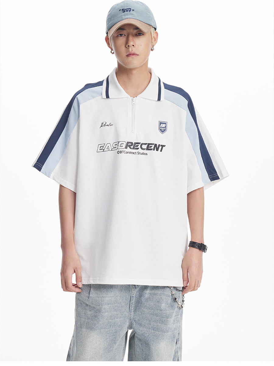 Liber SS Men's Color Stitching American Retro Print Polo Shirt