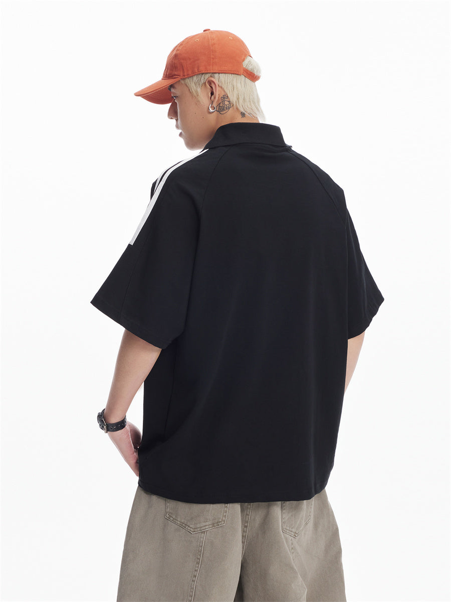 Liber SS Men's Color Stitching American Retro Print Polo Shirt