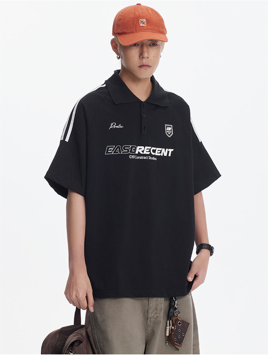 Liber SS Men's Color Stitching American Retro Print Polo Shirt