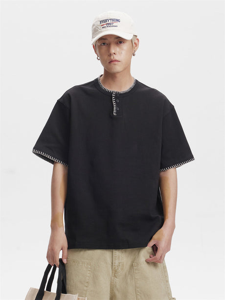 Liber SS Men's Button Lace Half-Open Collar T-Shirt