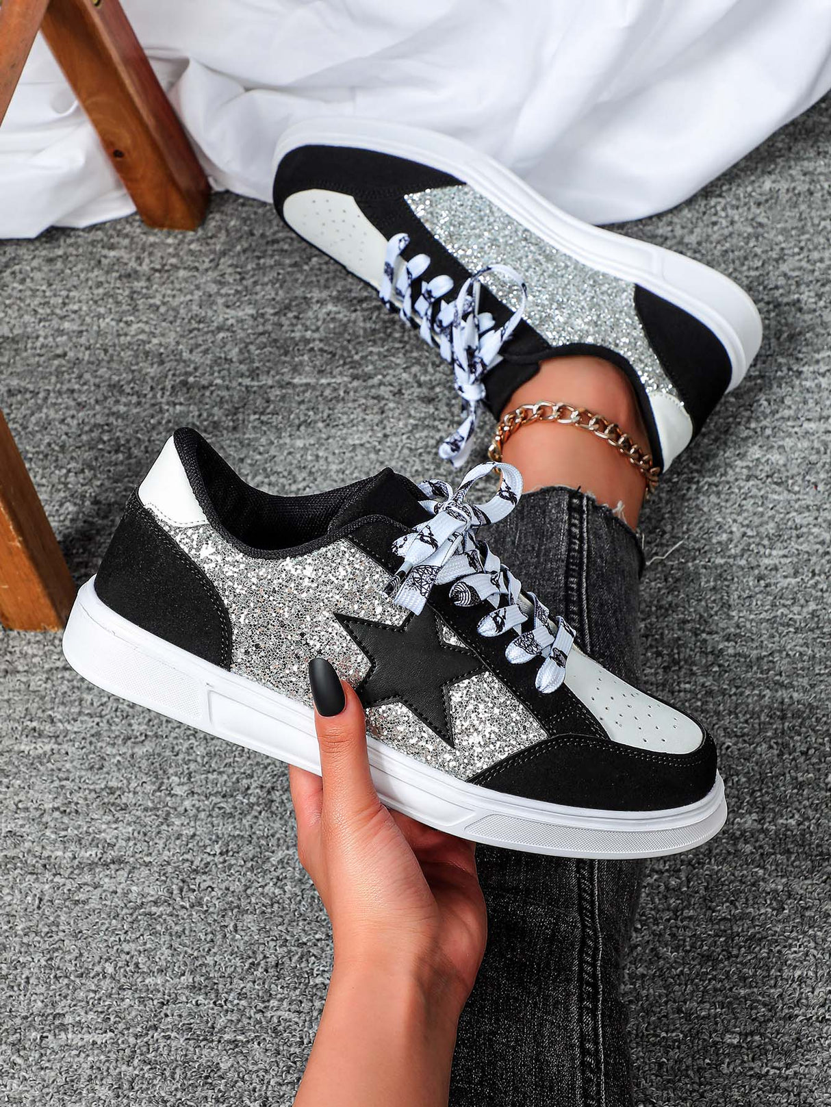 Liber Four Seasons Women's Shoes Five-pointed Star Sequined Ladies Sneakers