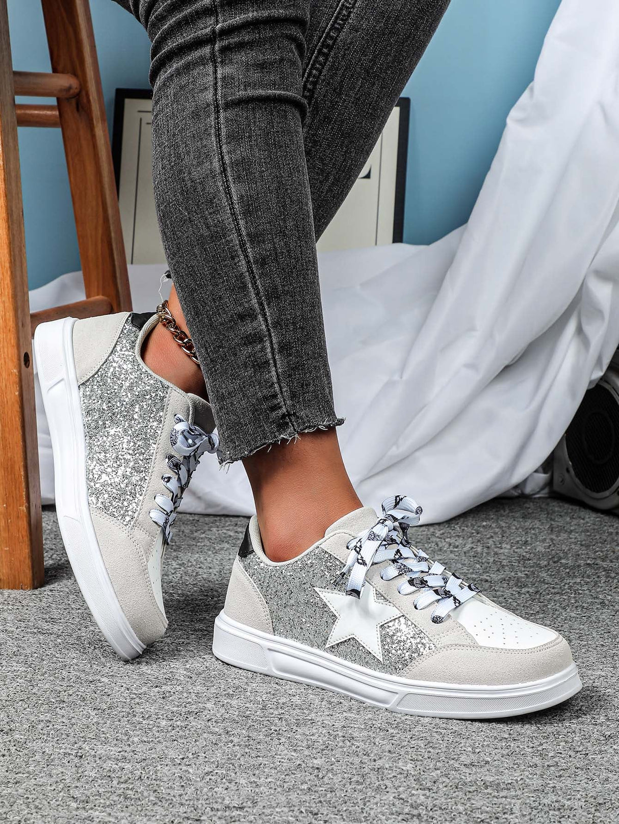 Liber Four Seasons Women's Shoes Five-pointed Star Sequined Ladies Sneakers