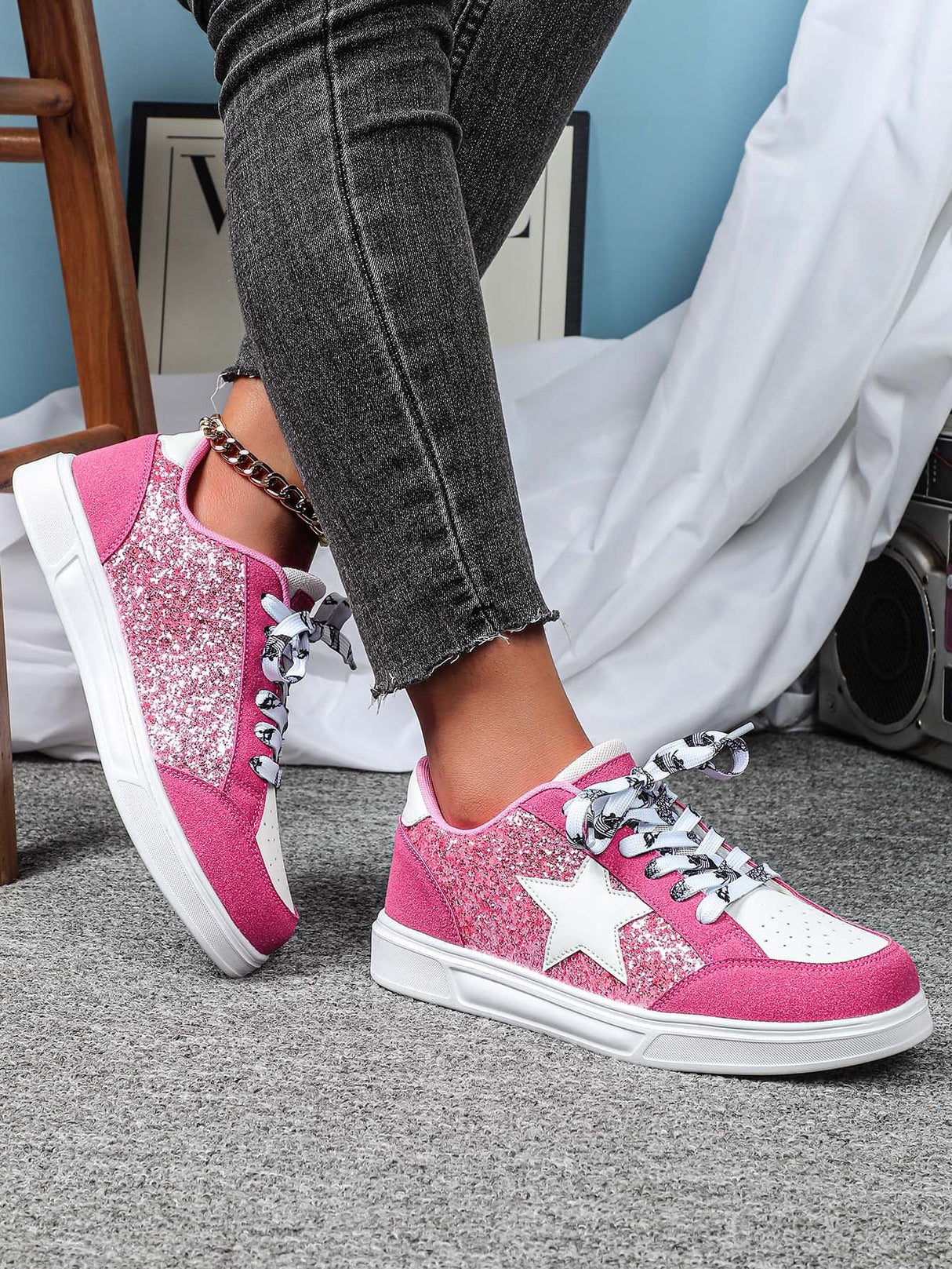 Liber Four Seasons Women's Shoes Five-pointed Star Sequined Ladies Sneakers