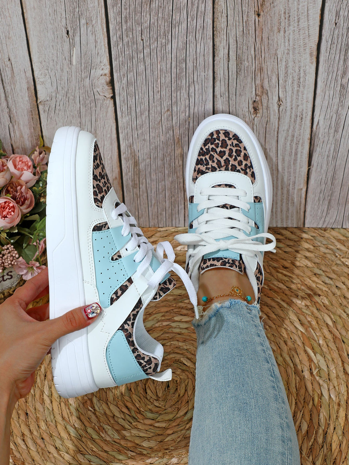 Liber Four Seasons Women's Shoes Leopard Print Colorblock Ladies Sneakers