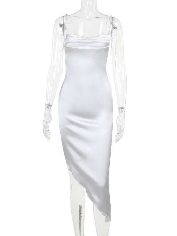 Liber SS Women's Solid Irregular Hem Asymmetric Lace-up Midi Dress