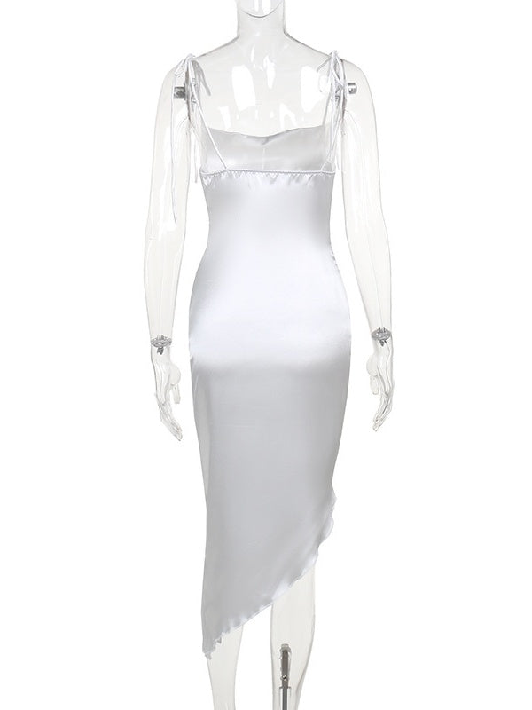 Liber SS Women's Solid Irregular Hem Asymmetric Lace-up Midi Dress