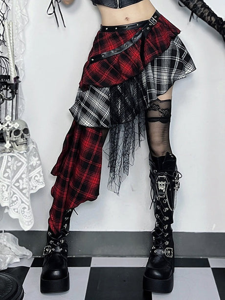 Liber SS Women's Asymmetric Lace Ruffled Plaid Irregular Hem Skirt