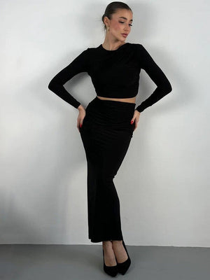 Liber Autumn Women's Navel Solid Color 2-piece Sets