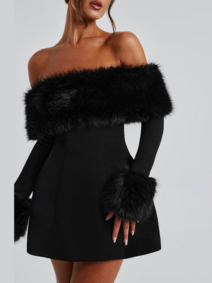 Off-Shoulder Bodycon Mini Dress with Faux Fur Trim