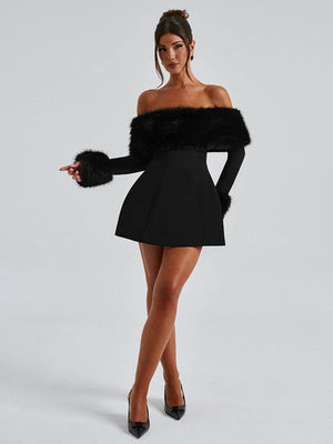 Off-Shoulder Bodycon Mini Dress with Faux Fur Trim