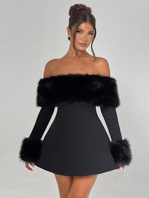 Off-Shoulder Bodycon Mini Dress with Faux Fur Trim