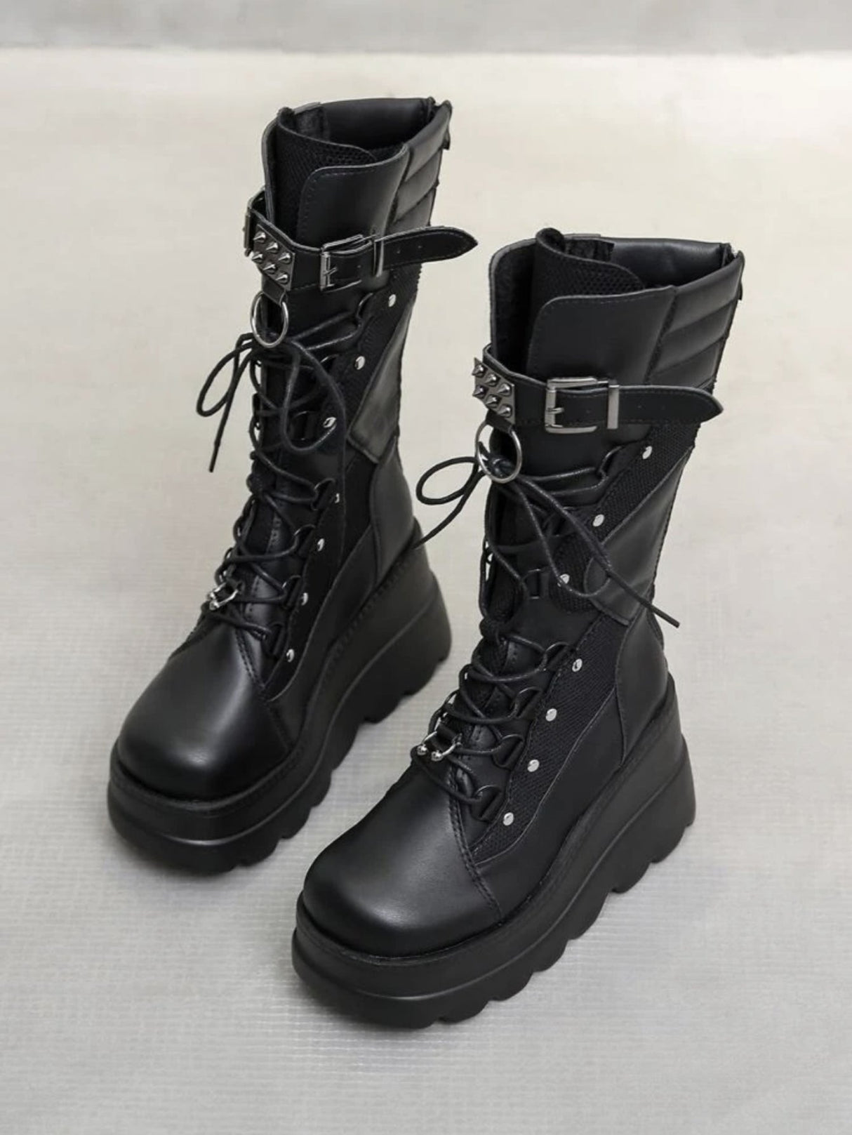 Liber Autumn and winter women's shoes rivet straps metal buckle ladies wedge heel thick sole lace-up boots