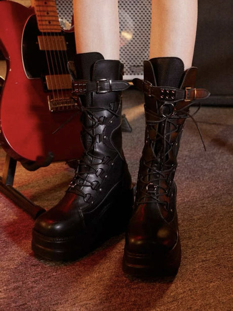 Liber Autumn and winter women's shoes rivet straps metal buckle ladies wedge heel thick sole lace-up boots