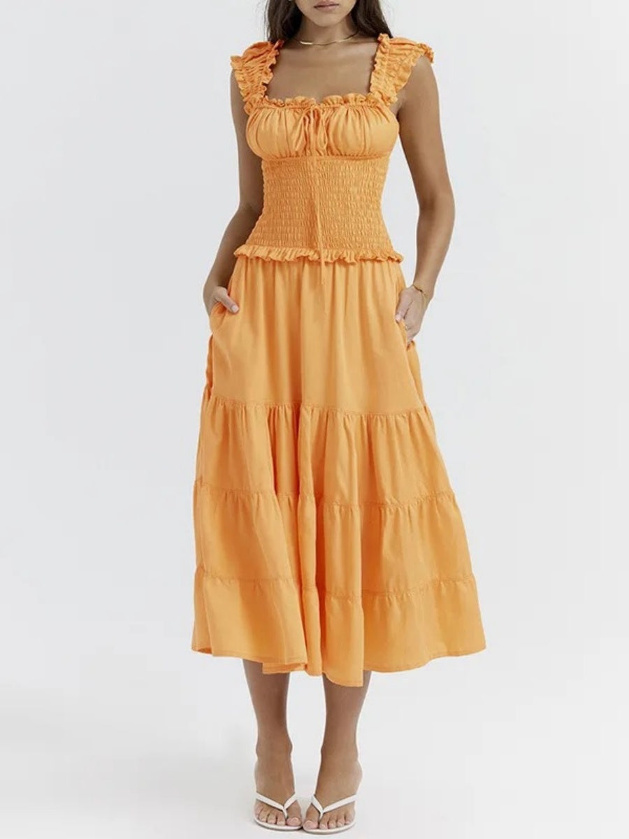 Liber Summer Women Crimp Solid Color Solid Color Basic Short Dress