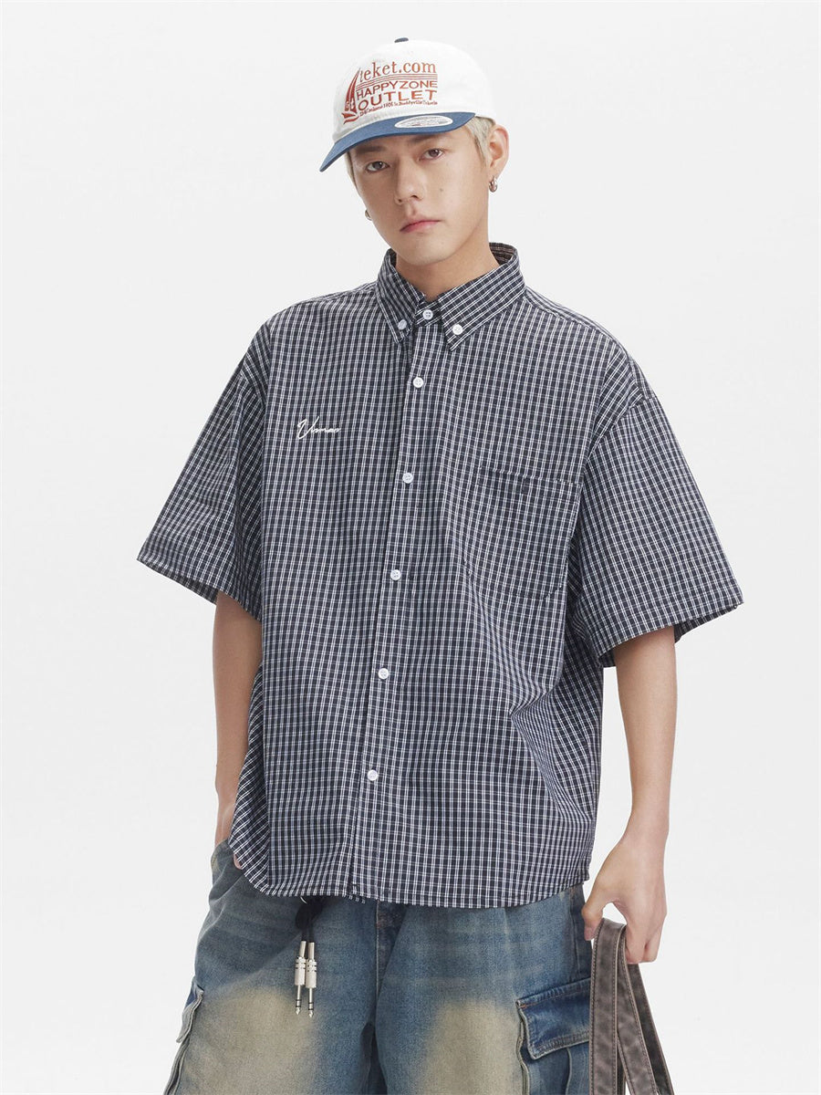 Liber SS Men's Plaid Embroidered Smock Shirt
