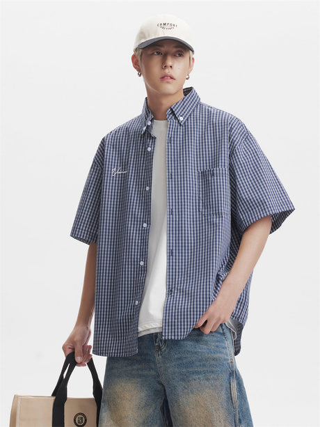 Liber SS Men's Plaid Embroidered Smock Shirt