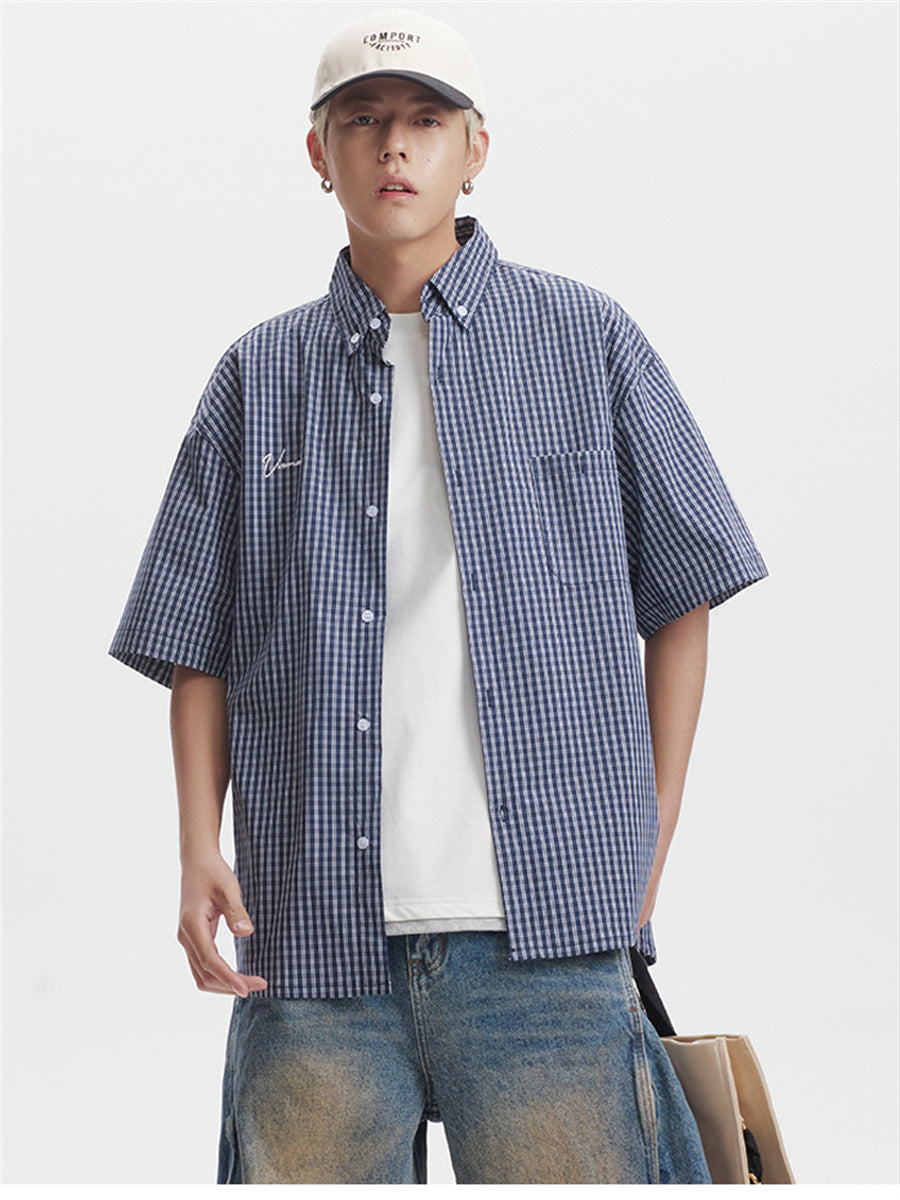 Liber SS Men's Plaid Embroidered Smock Shirt