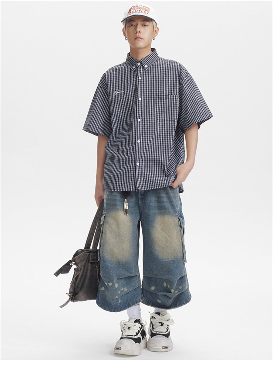 Liber SS Men's Plaid Embroidered Smock Shirt