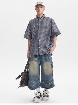 Liber SS Men's Plaid Embroidered Smock Shirt