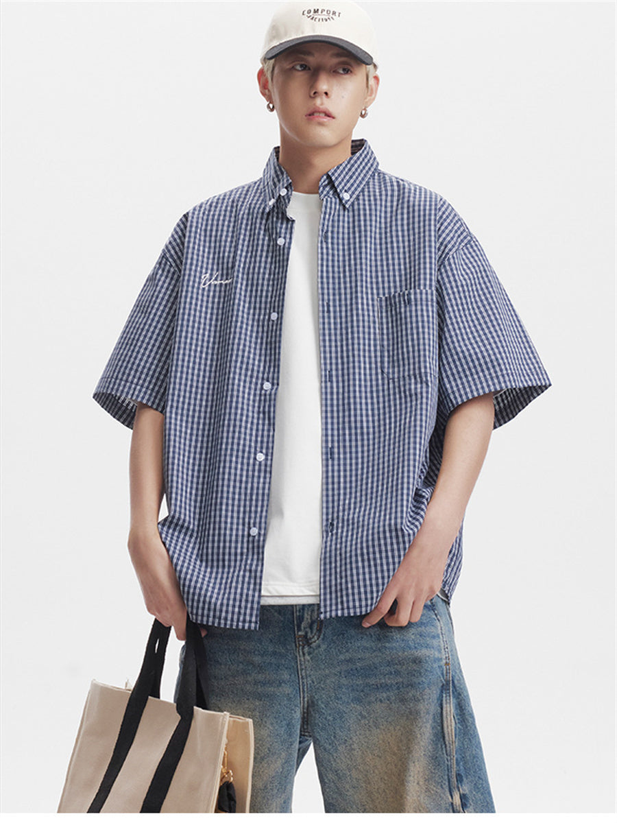 Liber SS Men's Plaid Embroidered Smock Shirt