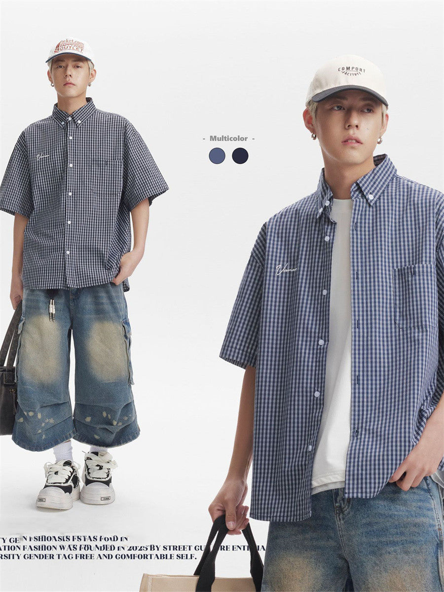 Liber SS Men's Plaid Embroidered Smock Shirt