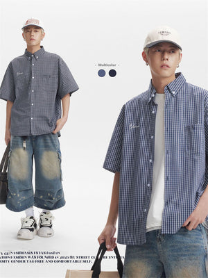 Liber SS Men's Plaid Embroidered Smock Shirt