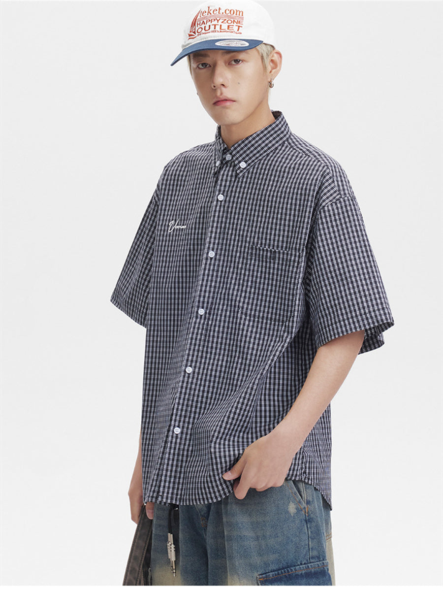 Liber SS Men's Plaid Embroidered Smock Shirt