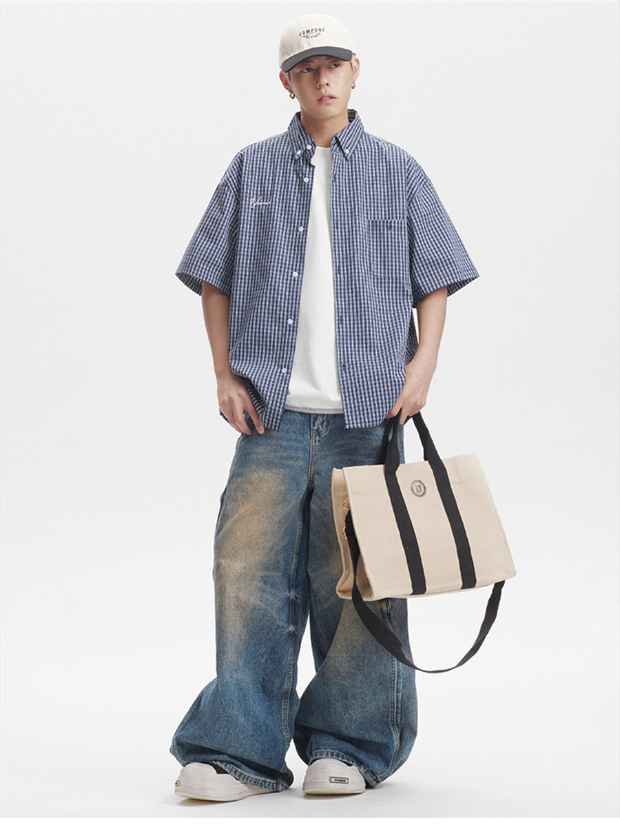 Liber SS Men's Plaid Embroidered Smock Shirt