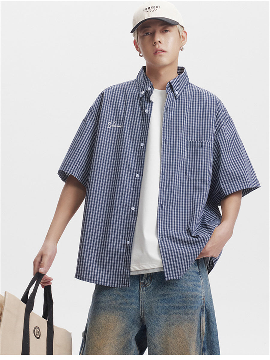 Liber SS Men's Plaid Embroidered Smock Shirt