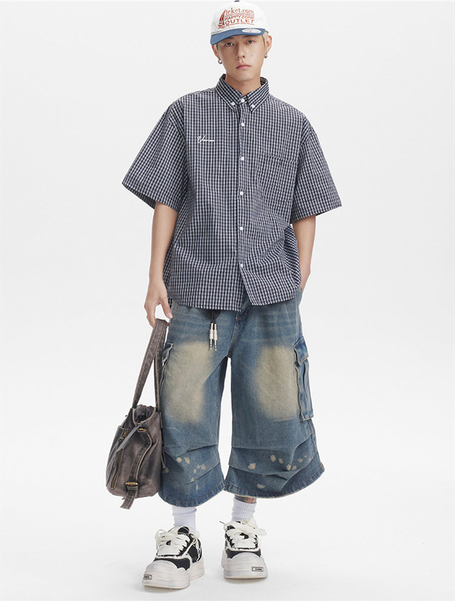 Liber SS Men's Plaid Embroidered Smock Shirt