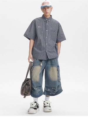 Liber SS Men's Plaid Embroidered Smock Shirt
