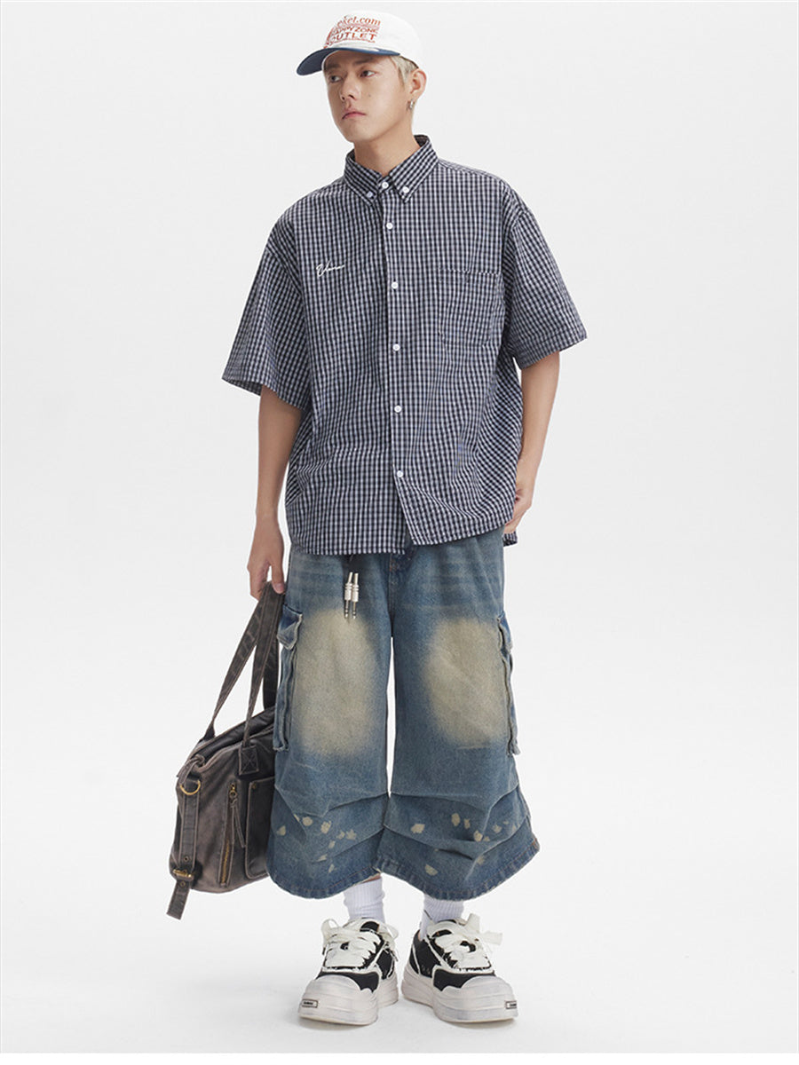 Liber SS Men's Plaid Embroidered Smock Shirt