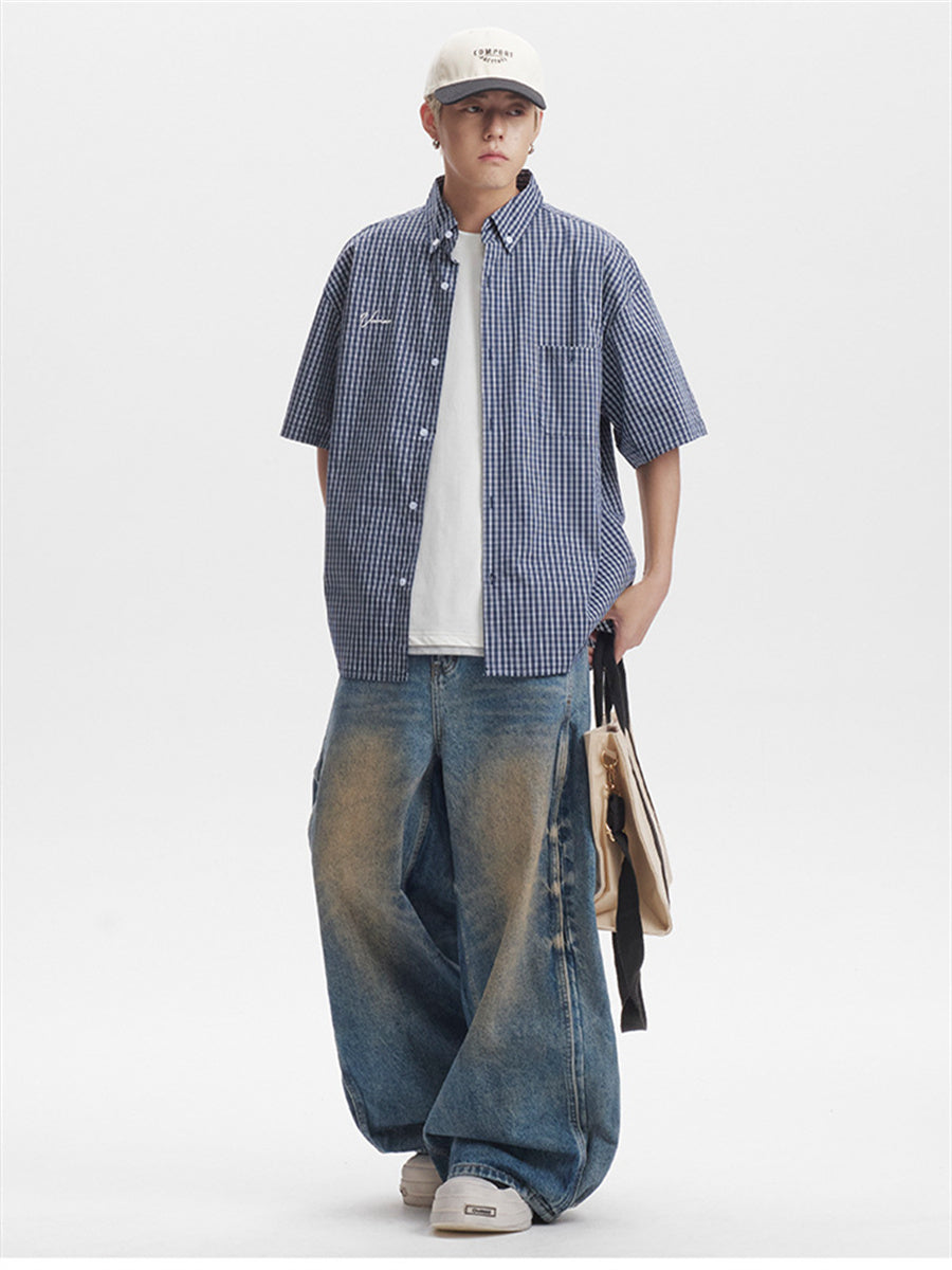 Liber SS Men's Plaid Embroidered Smock Shirt