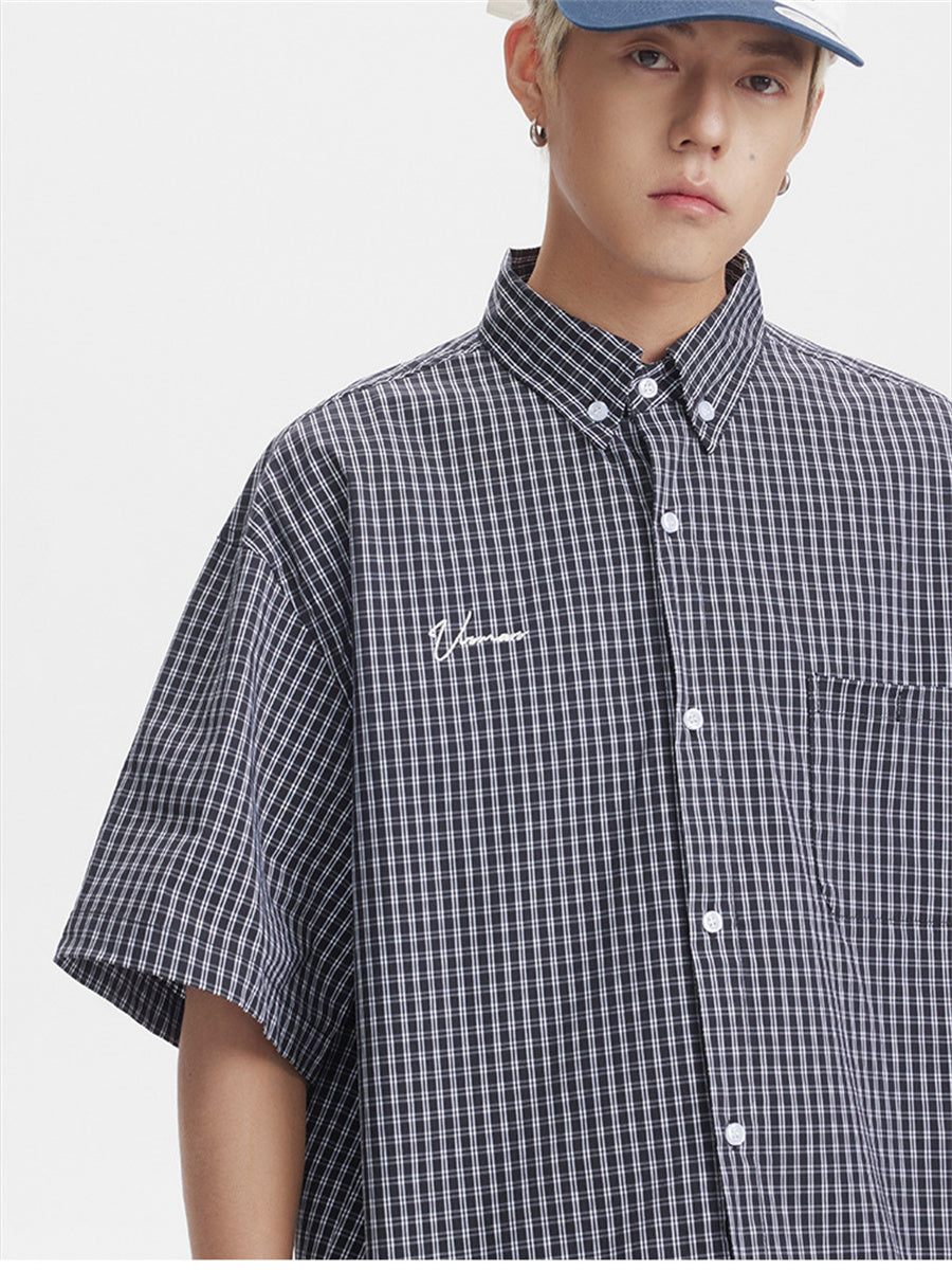 Liber SS Men's Plaid Embroidered Smock Shirt