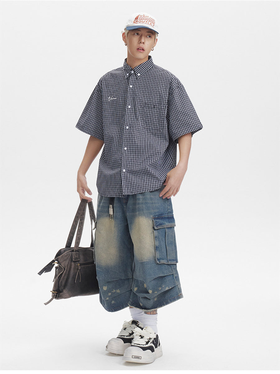 Liber SS Men's Plaid Embroidered Smock Shirt