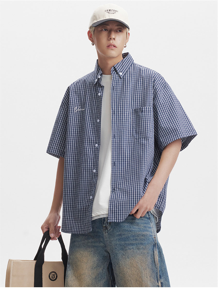 Liber SS Men's Plaid Embroidered Smock Shirt